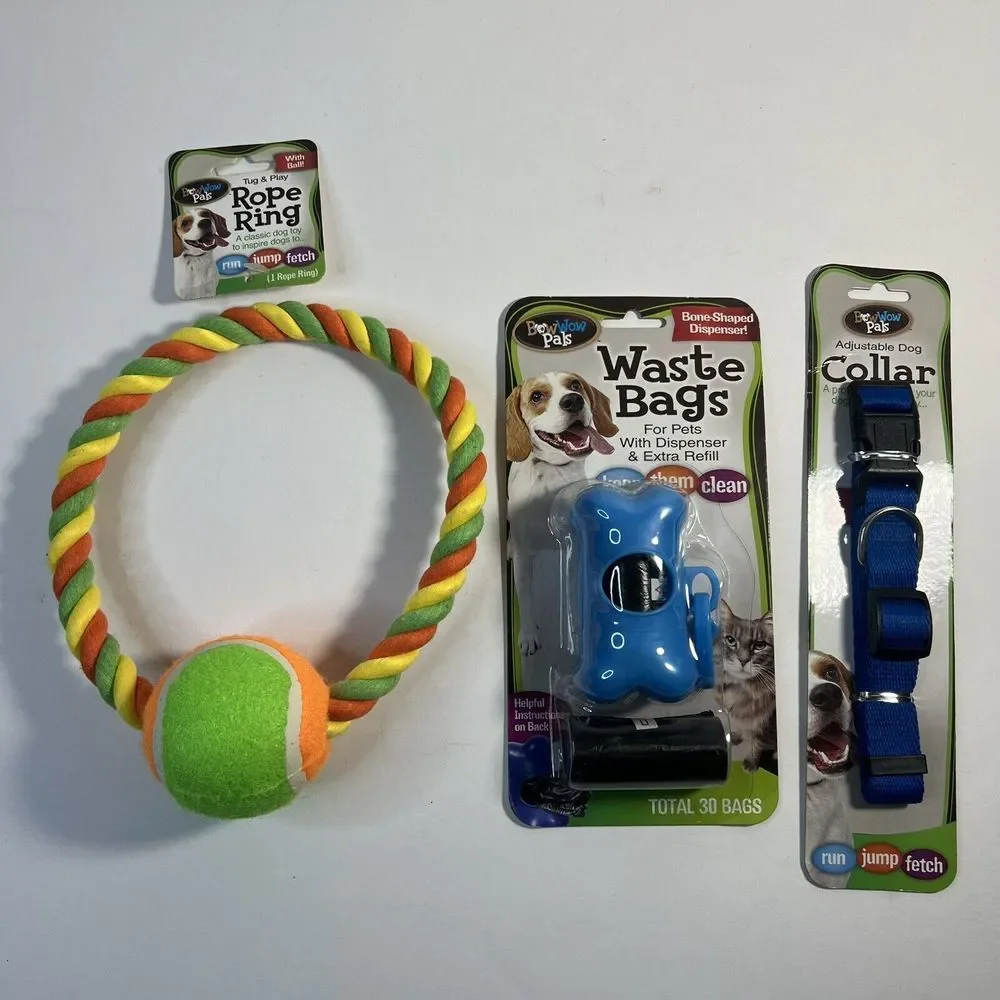 Doggie Bundle New Waste‎ Bags W/Dispenser, Collar & Chew Rope Ring W/Ball Toy